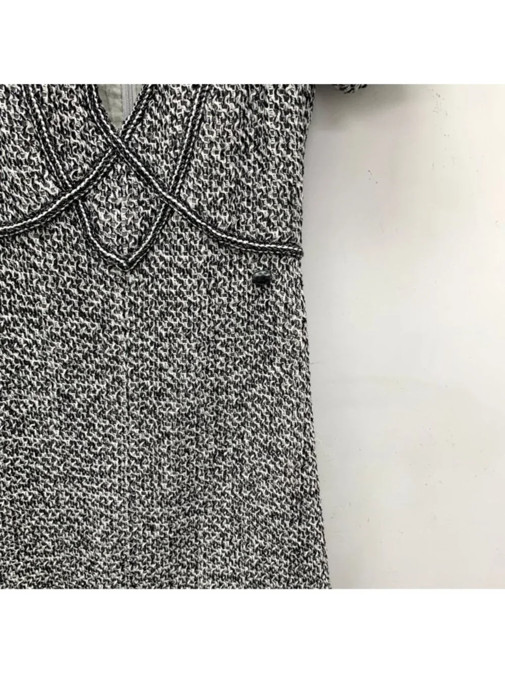 Chanel Black & White Cotton Tweed V-Neck Short-Sleeve Dress